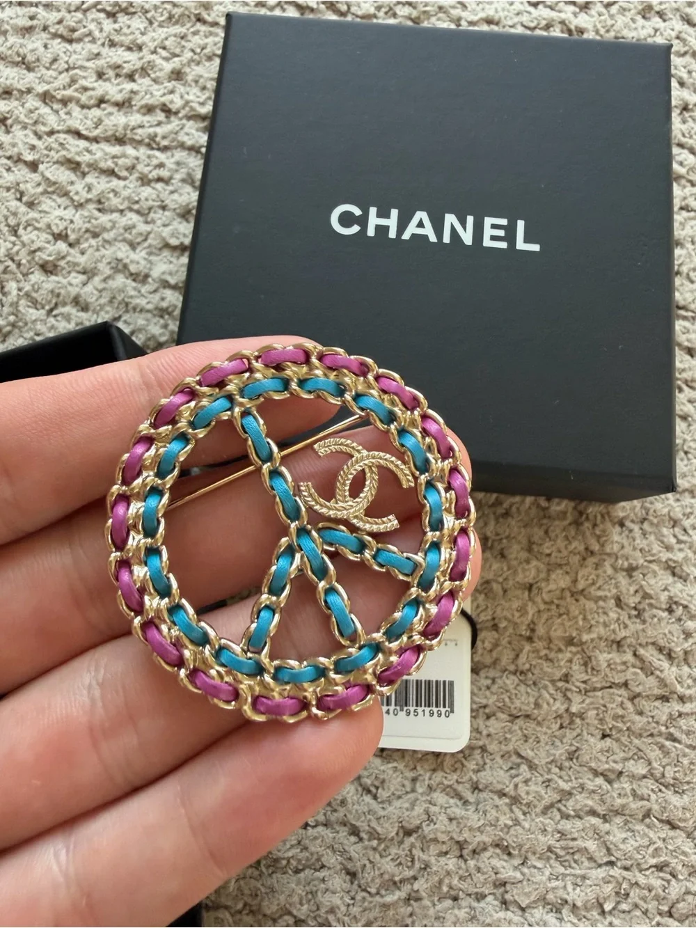 CHANEL Gold-Tone Multicolor Peace Sign Brooch - Pink, Purple, Blue